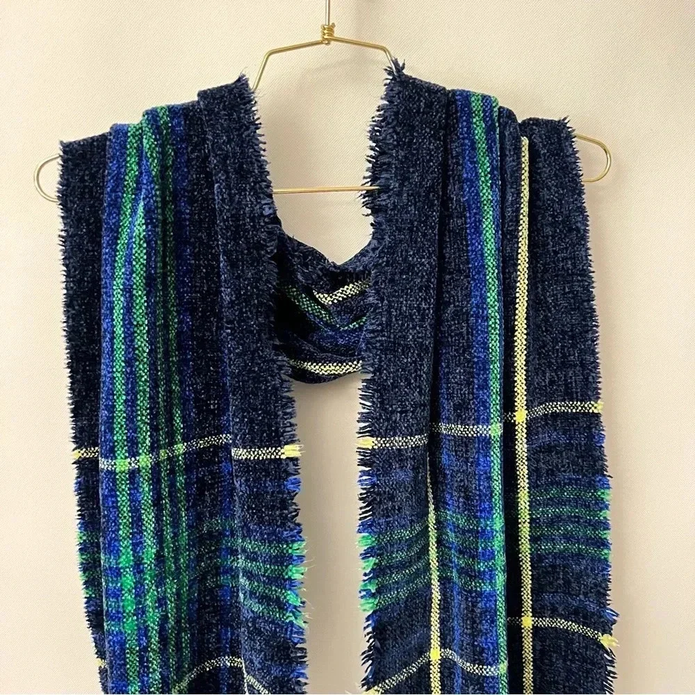 Charter Club Chenille Scarf Plaid Fringed Navy Blue Multicolored